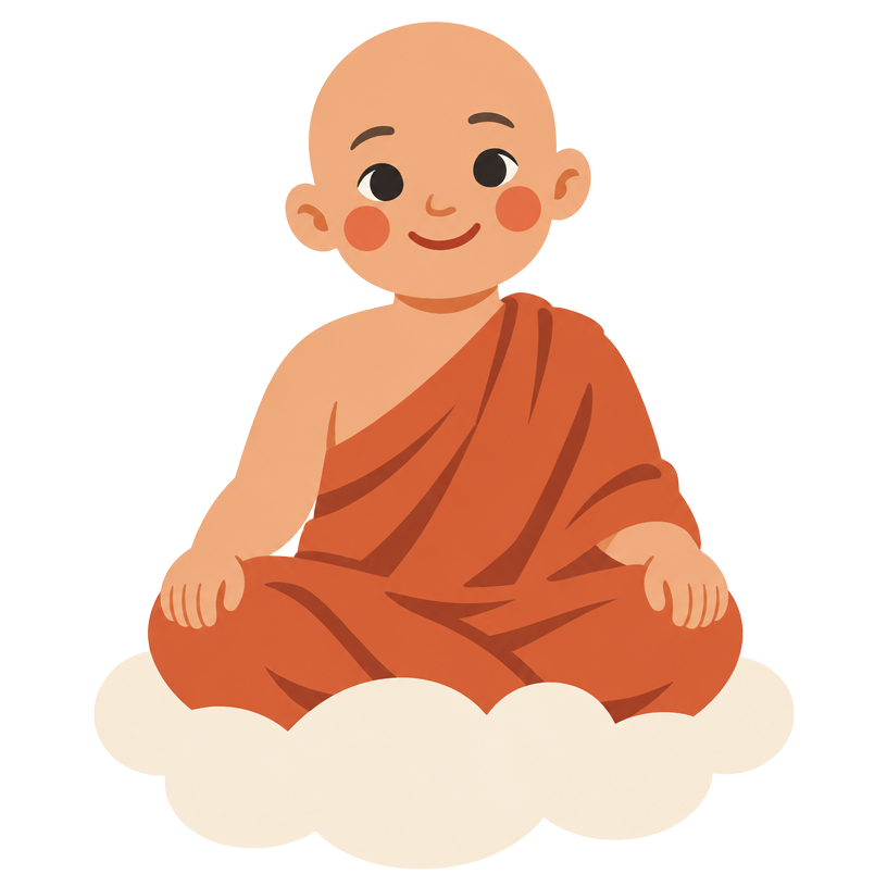 Milo, a friendly little monk holding a fortune-stick container